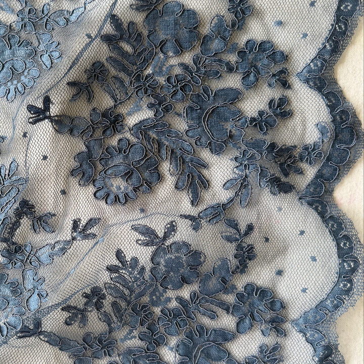 Scalloped Slate Blue Alençon Style Lace Fabric (Made in Korea)