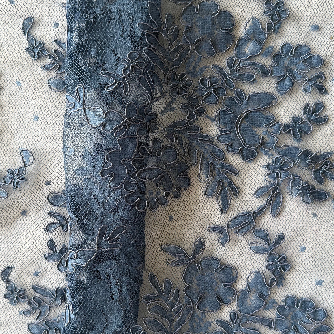 Scalloped Slate Blue Alençon Style Lace Fabric (Made in Korea)