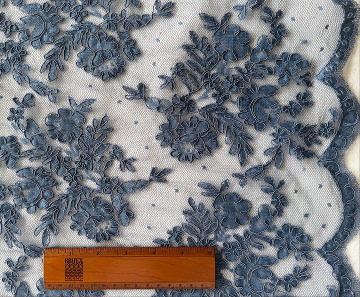 Scalloped Slate Blue Alençon Style Lace Fabric (Made in Korea)