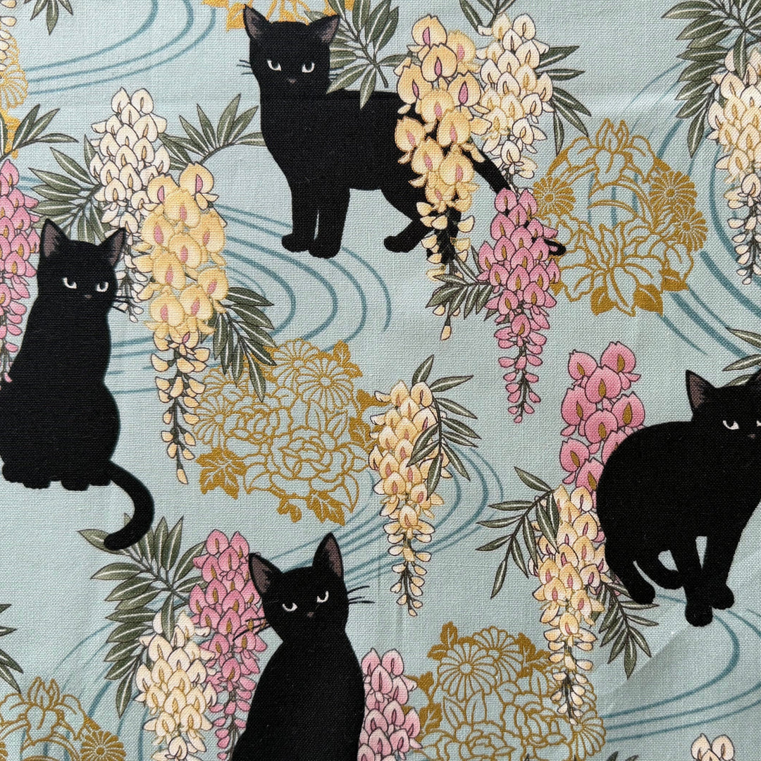 Neko Mini Cats & Wisteria Aqua Quilting Cotton (Made in Japan)