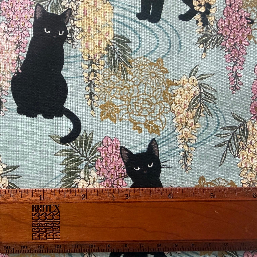 Neko Mini Cats & Wisteria Aqua Quilting Cotton (Made in Japan)