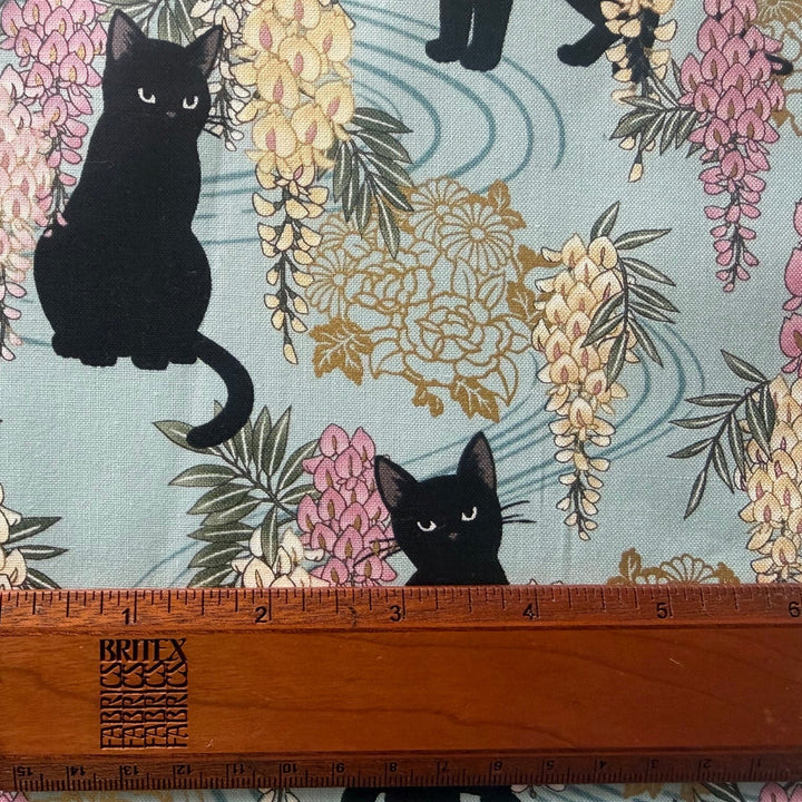 Neko Mini Cats & Wisteria Aqua Quilting Cotton (Made in Japan)