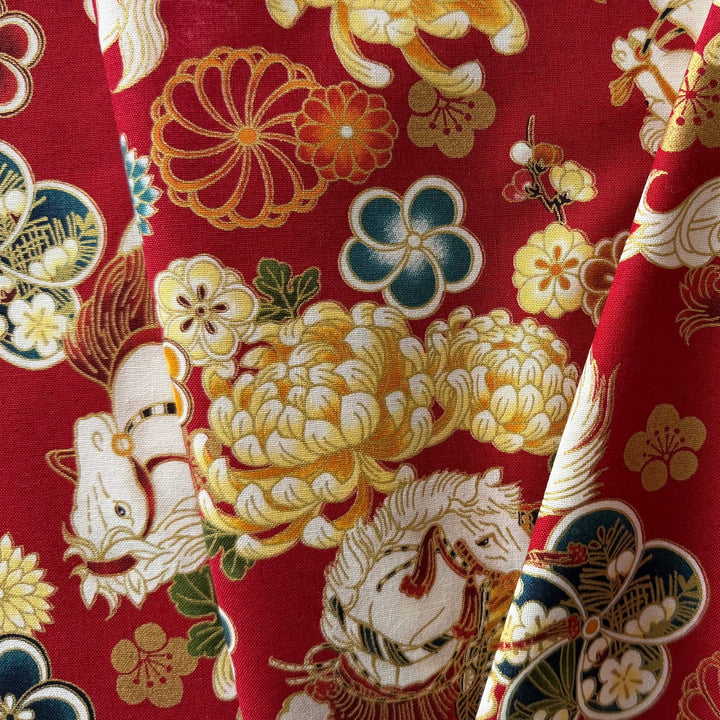Lucky White Horse & Chrysanthemums Red Quilting Cotton (Made in Japan)