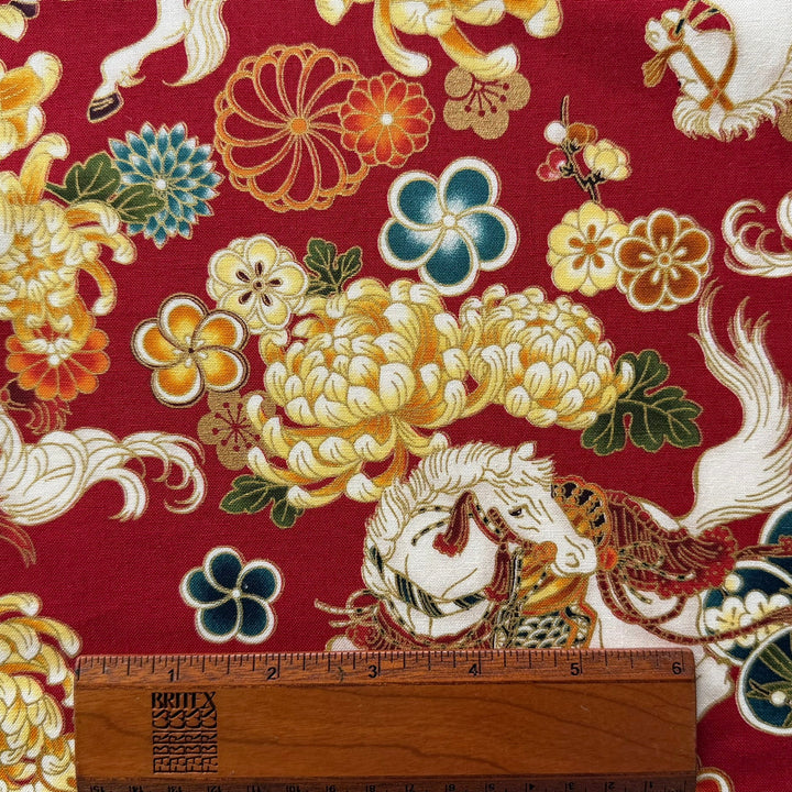 Lucky White Horse & Chrysanthemums Red Quilting Cotton (Made in Japan)