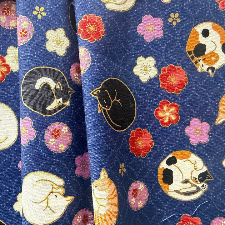 Napping Cats & Plum Blossoms Blue Quilting Cotton (Made in Japan)