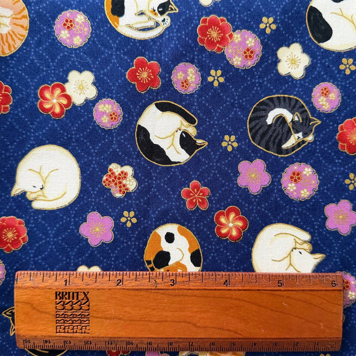 Napping Cats & Plum Blossoms Blue Quilting Cotton (Made in Japan)