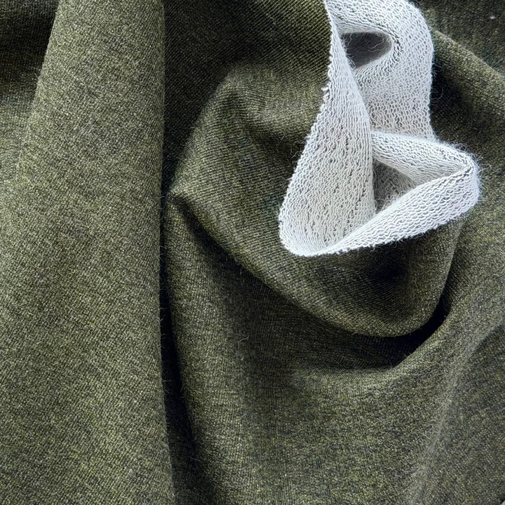 Lighter to Mid-Weight Heathered Olive Cotton Blend French Terry Knit (Made in Italy)