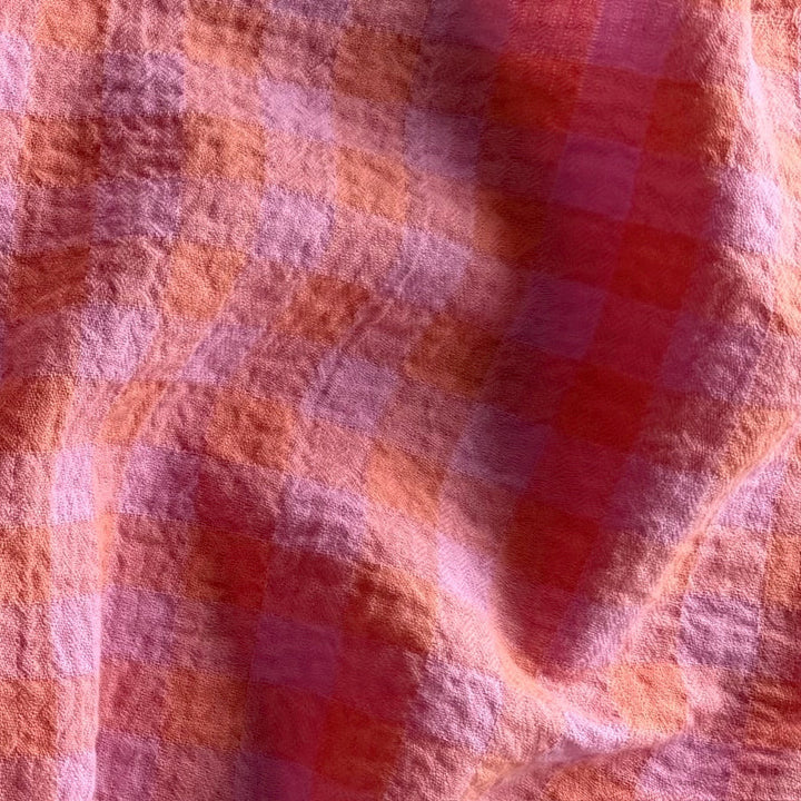 Airy Peach & Pink Checked Crinkled Cotton Gauze