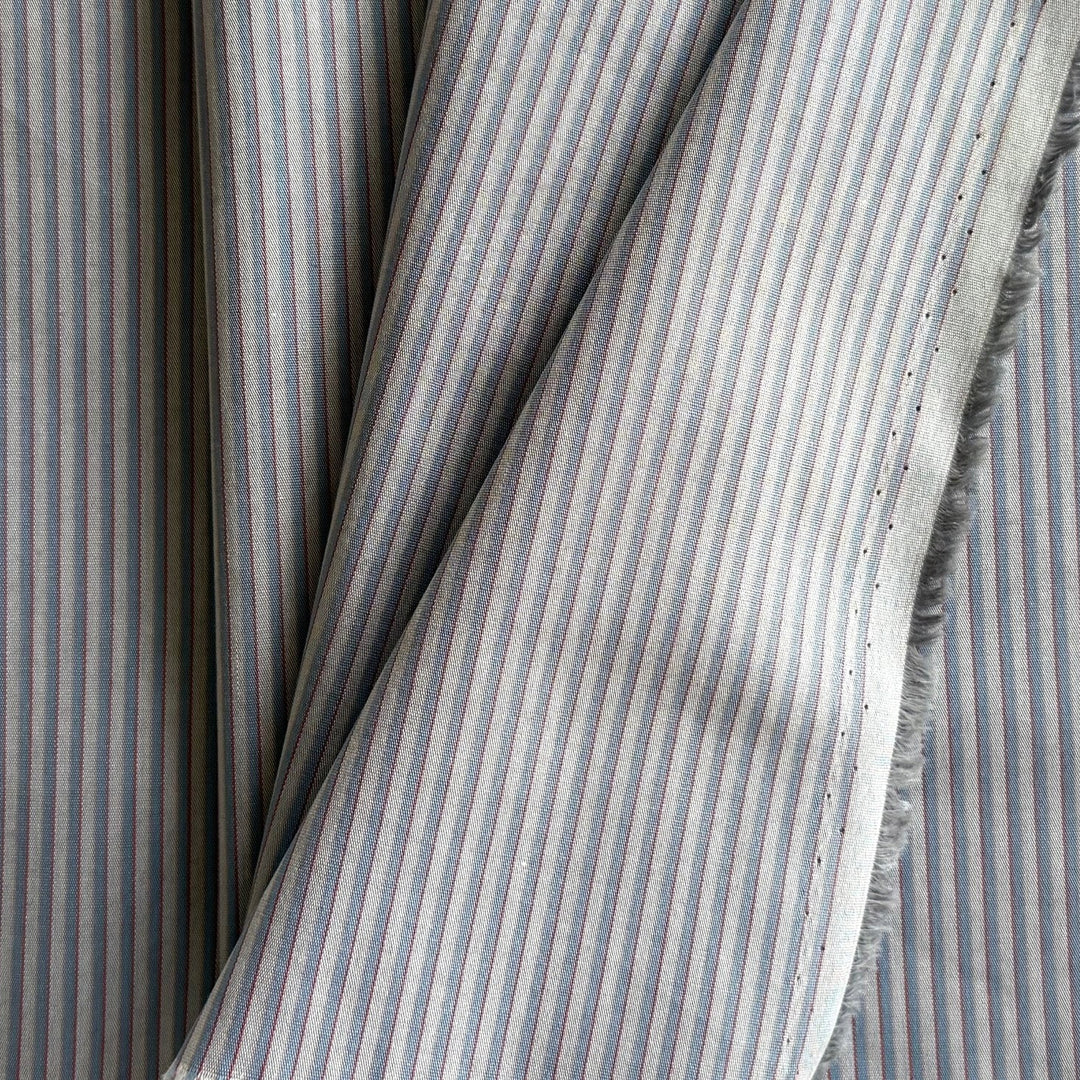 Soft Denim & Barn Red on Fog Striped Cotton Shirting (Made in Japan)