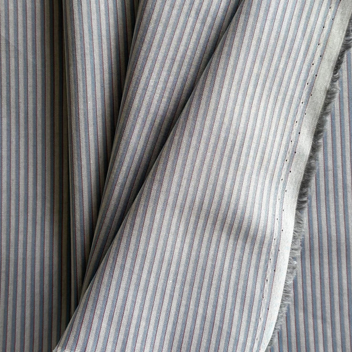 Soft Denim & Barn Red on Fog Striped Cotton Shirting (Made in Japan)