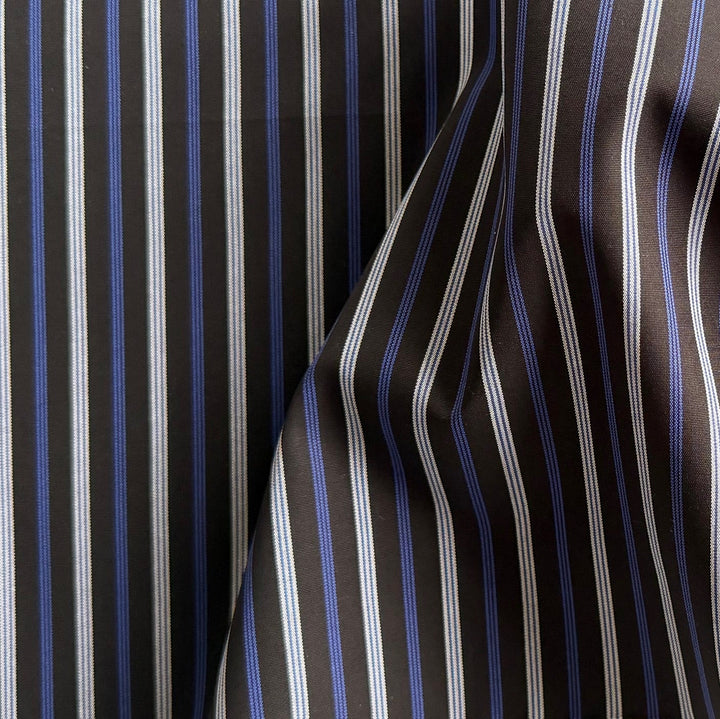 Royal Blue & White Stripes on Black Crisp Cotton Poplin Shirting (Made in Japan)