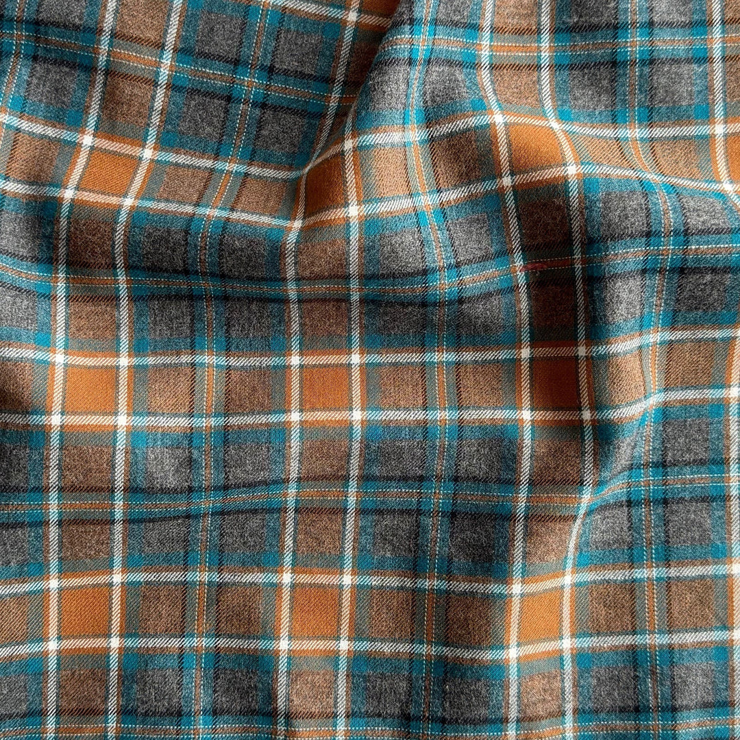 Mid-Weight Plaid Gingered Turquoise Lightly Brushed Cotton Shirting (Made in Japan)