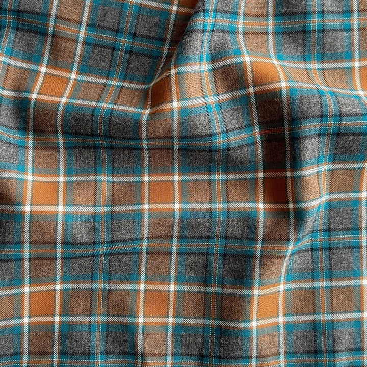Mid-Weight Plaid Gingered Turquoise Lightly Brushed Cotton Shirting (Made in Japan)