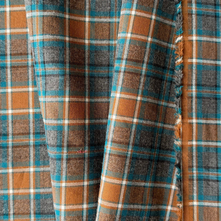 Mid-Weight Plaid Gingered Turquoise Lightly Brushed Cotton Shirting (Made in Japan)