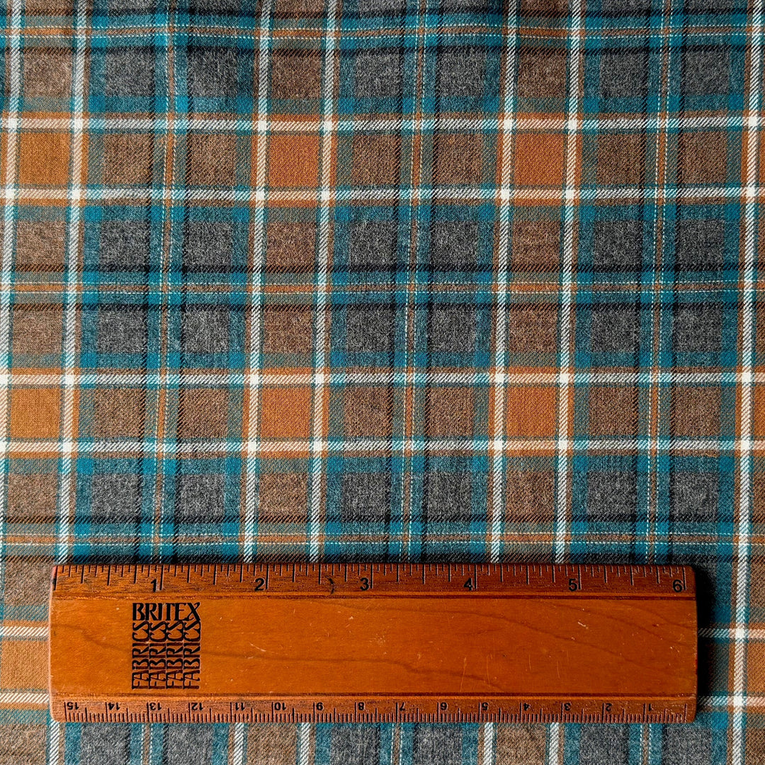 Mid-Weight Plaid Gingered Turquoise Lightly Brushed Cotton Shirting (Made in Japan)
