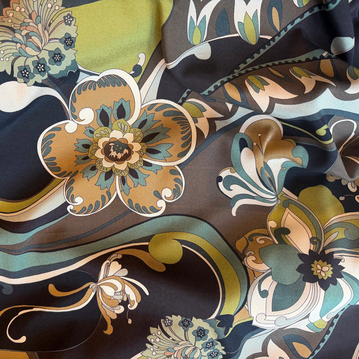 Large-Scale Muted Moss & Mocha Matte Stretch Silk Satin Charmeuse (Made in Italy)