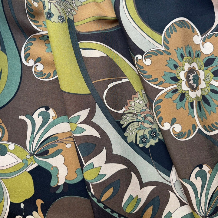Large-Scale Muted Moss & Mocha Matte Stretch Silk Satin Charmeuse (Made in Italy)