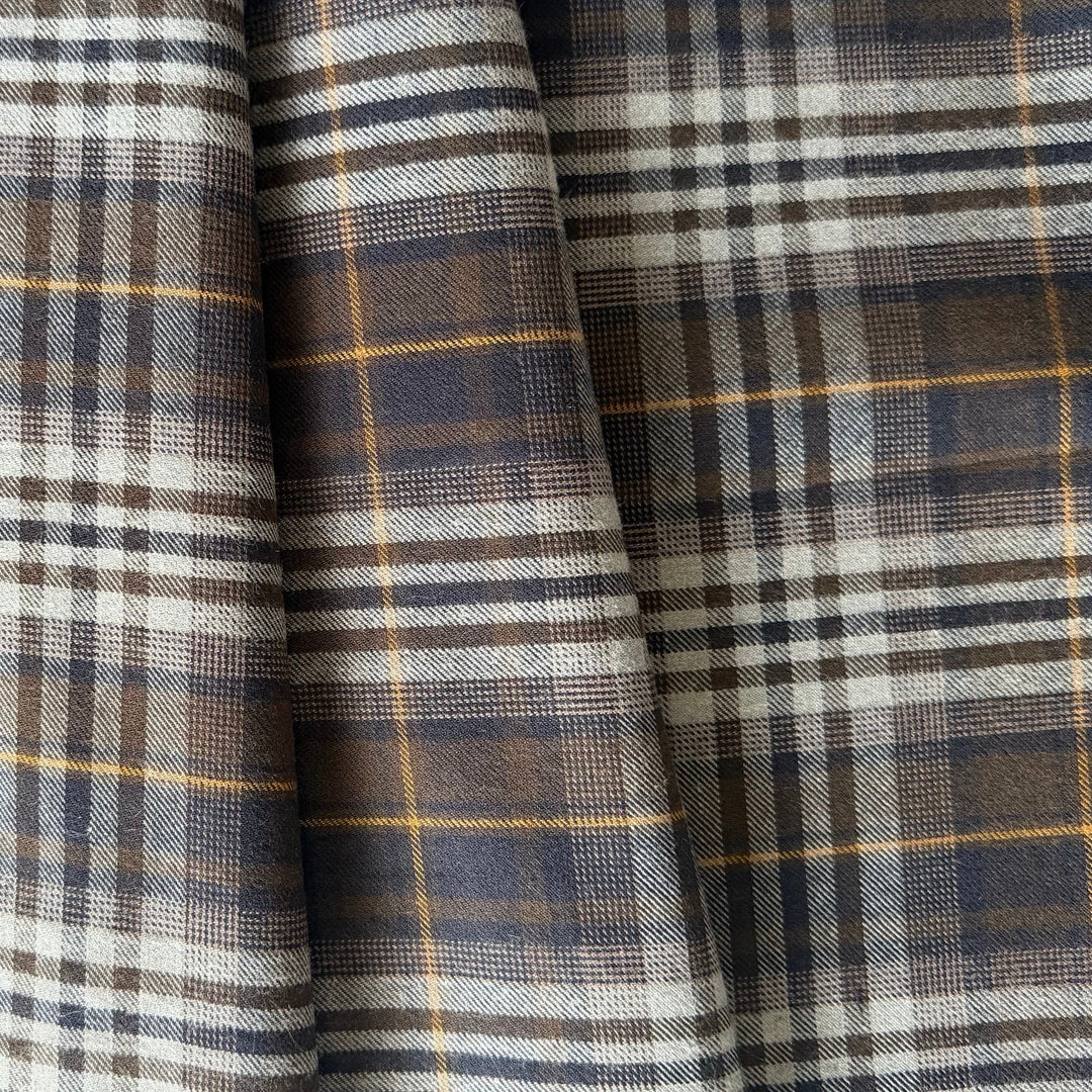 Couture Coffee & Navy Plaid Lightly Brushed Cotton Flannel Twill (Made in Italy)