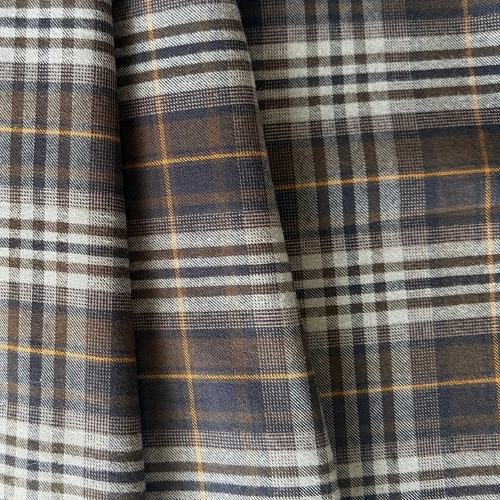 Couture Coffee & Navy Plaid Lightly Brushed Cotton Flannel Twill (Made in Italy)