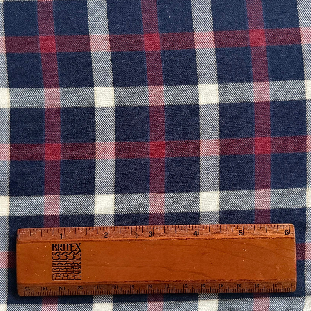 Couture  Garnet & Navy Plaid Lightly Brushed Cotton Flannel Twill (Made in Italy)