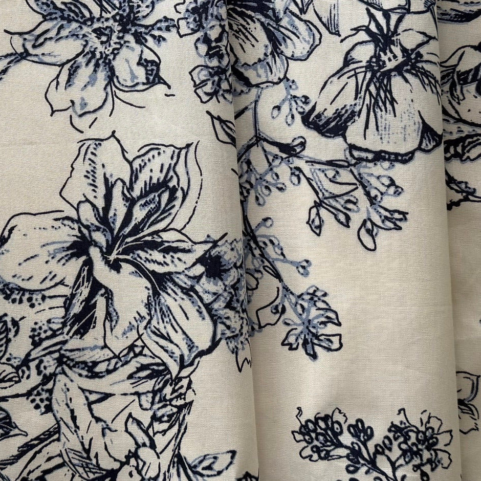 Drawn Inky Fowers on Ivory Cotton (Made in Italy)
