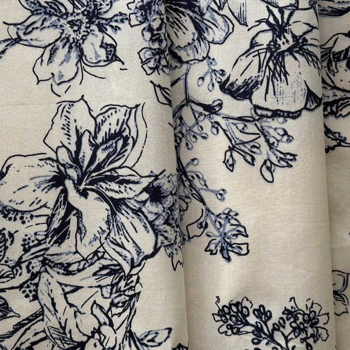 Drawn Inky Fowers on Ivory Cotton (Made in Italy)