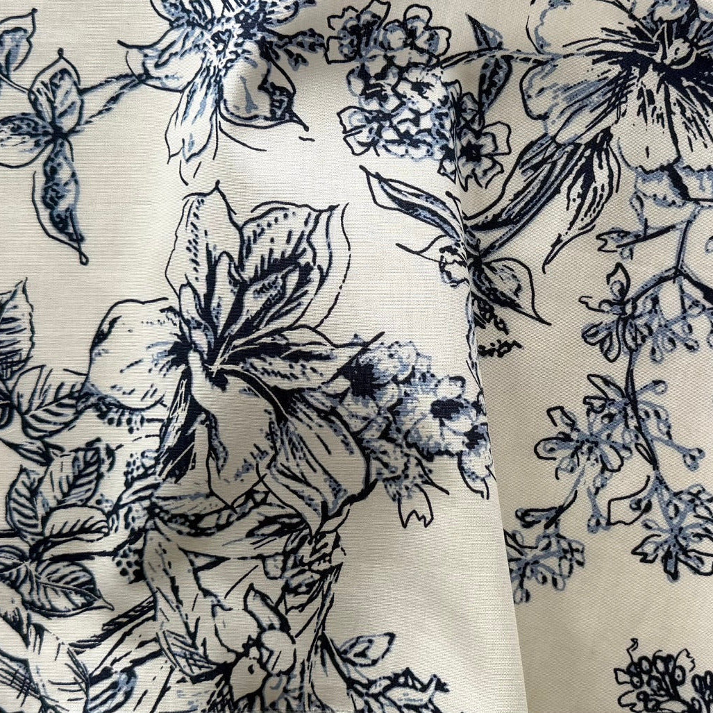 Drawn Inky Fowers on Ivory Cotton (Made in Italy)