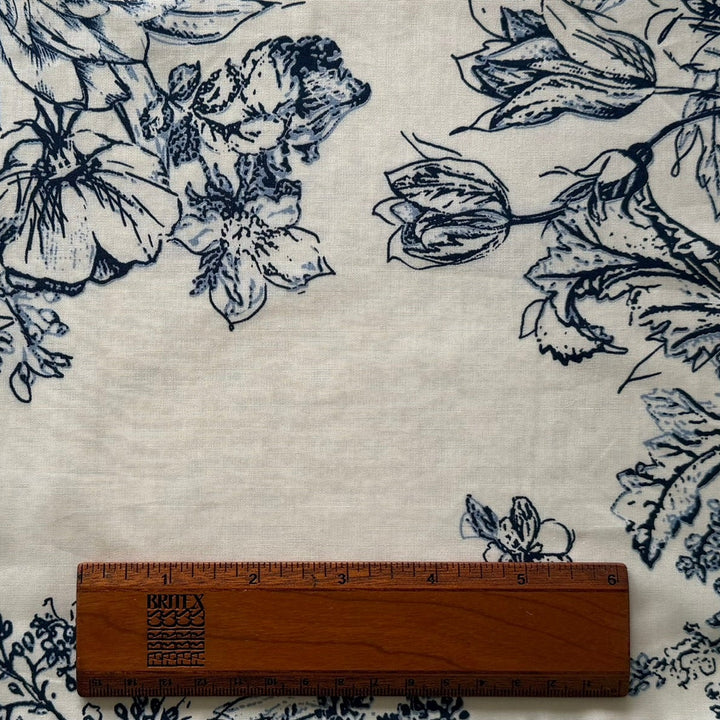 Drawn Inky Fowers on Ivory Cotton (Made in Italy)