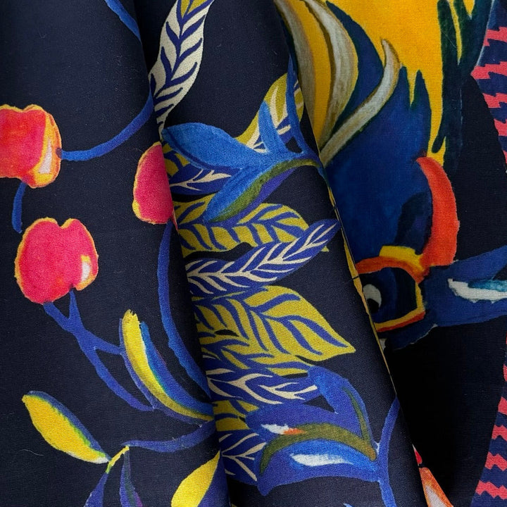 Tropical Birds & Cherries Stretch Cotton Poplin (Made in Italy)