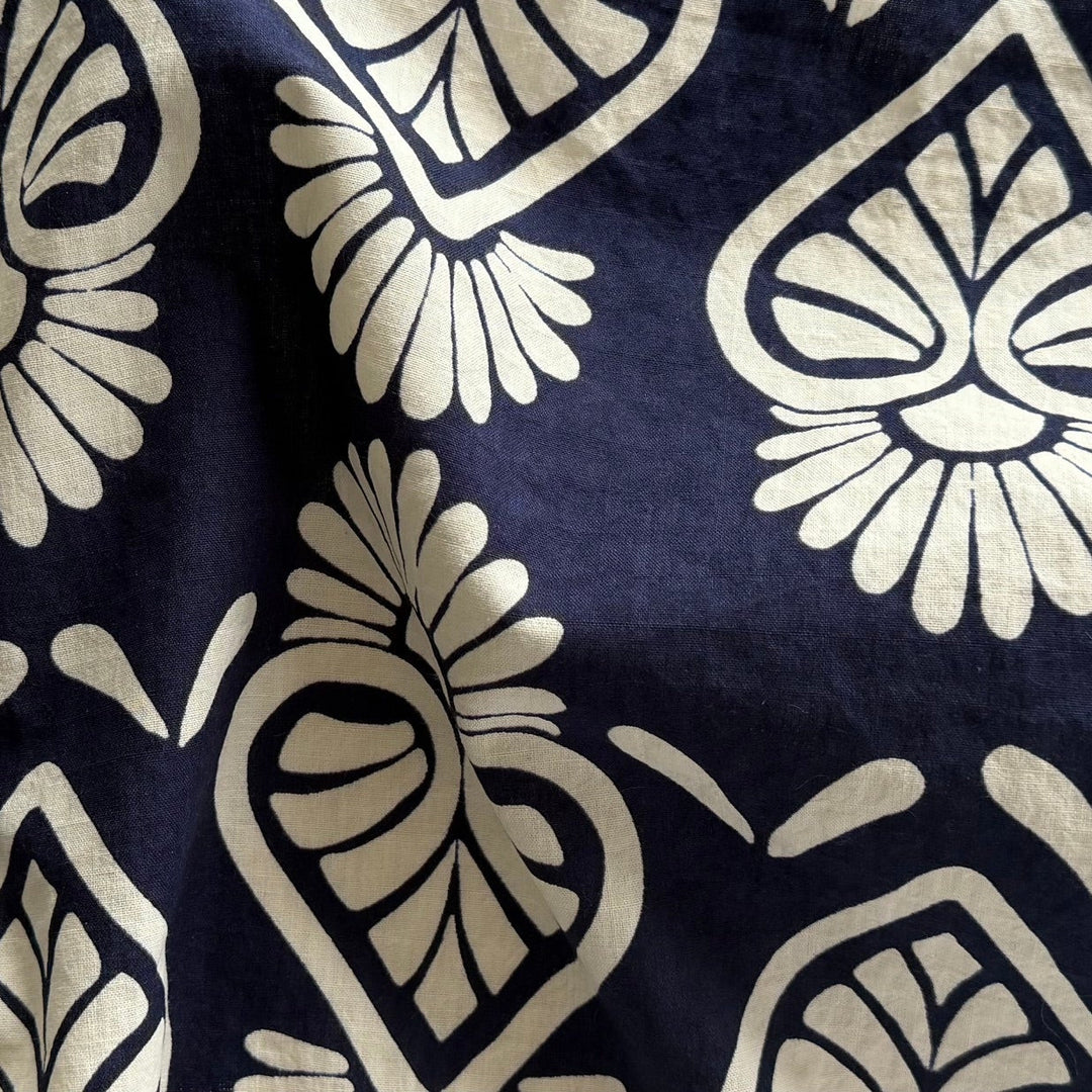 Max Mara Navy & Ivory Botanical Blockprint Cotton Seersucker (Made in Italy)