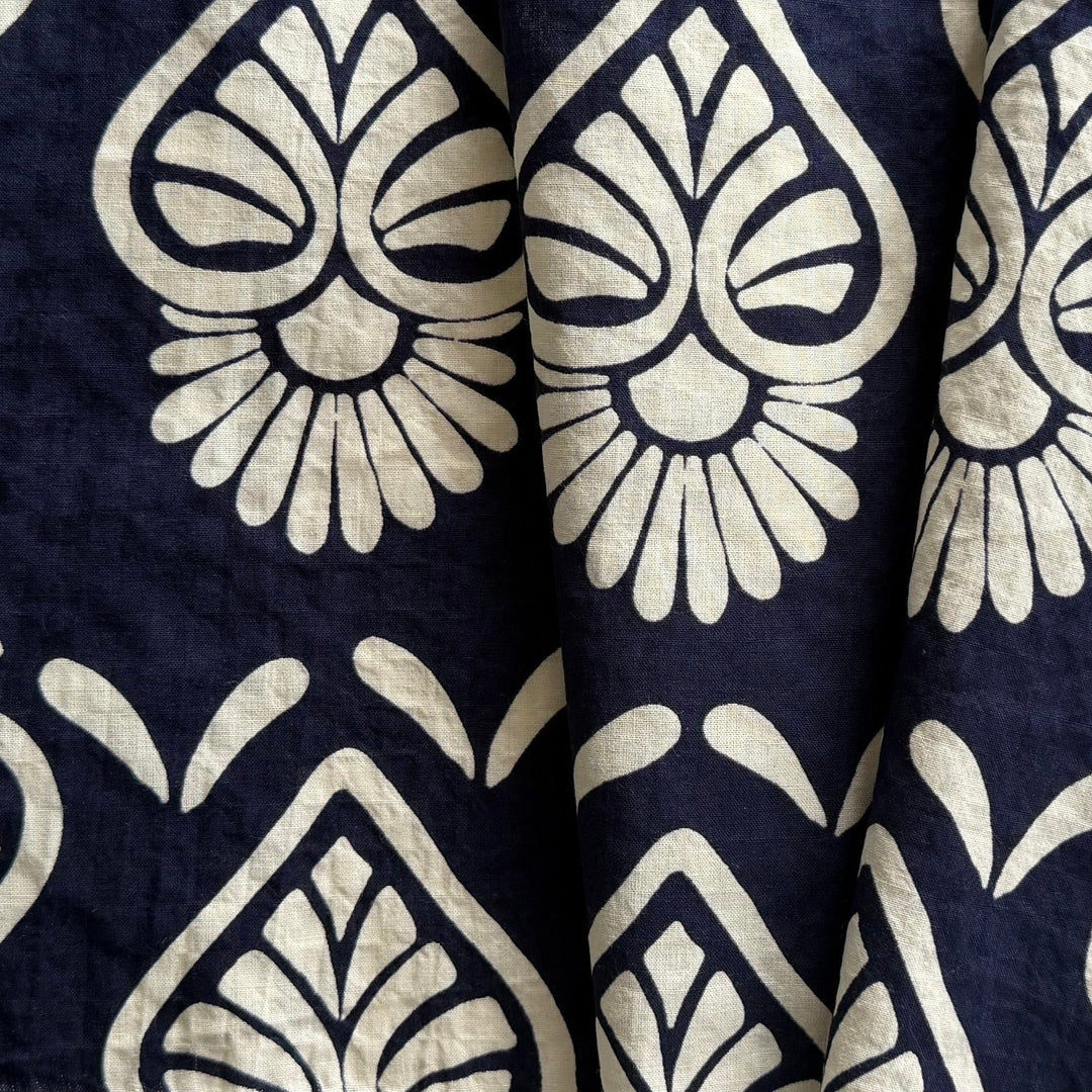 Max Mara Navy & Ivory Botanical Blockprint Cotton Seersucker (Made in Italy)