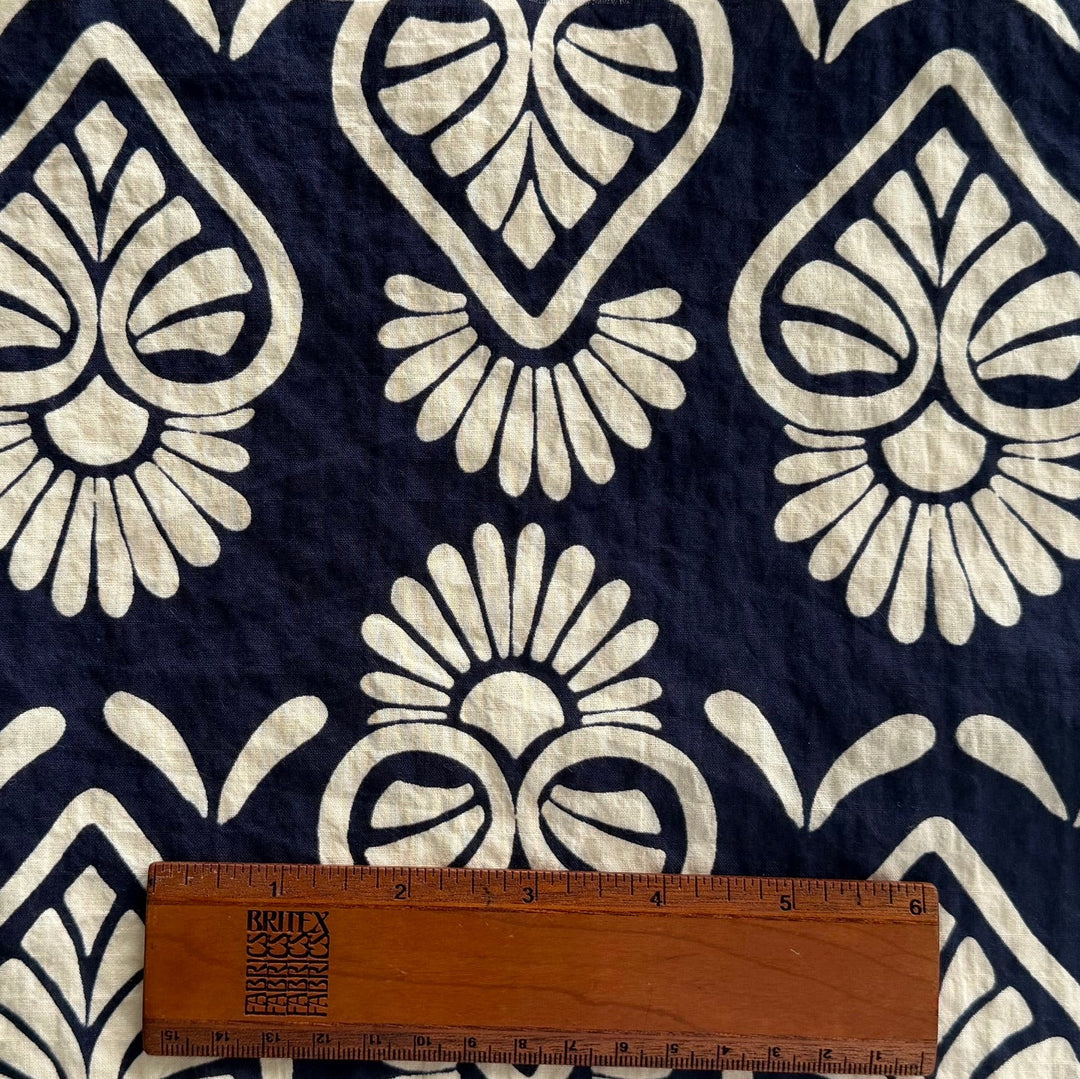Max Mara Navy & Ivory Botanical Blockprint Cotton Seersucker (Made in Italy)