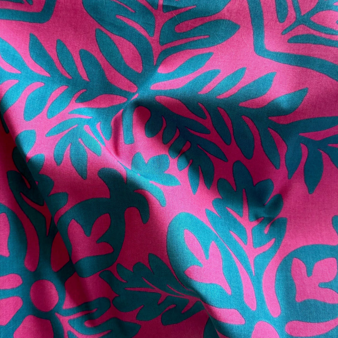 Max Mara Teal & Fuschia Tropical Leaves Cotton Poplin (Made in Italy)