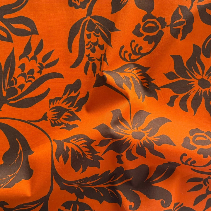 Chocolate & Mandarin Silhouetted Flowers Cotton Poplin (Made in Italy)