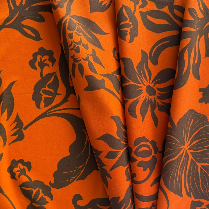 Chocolate & Mandarin Silhouetted Flowers Cotton Poplin (Made in Italy)