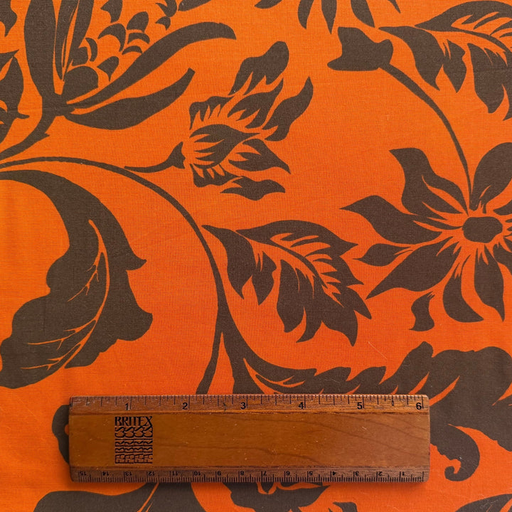 Chocolate & Mandarin Silhouetted Flowers Cotton Poplin (Made in Italy)