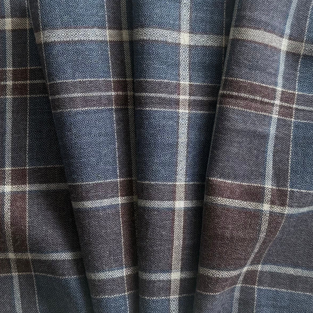 High-End Denim & Mahogany Plaid Geometric Weave Brushed Cotton Flannel (Made in Italy)