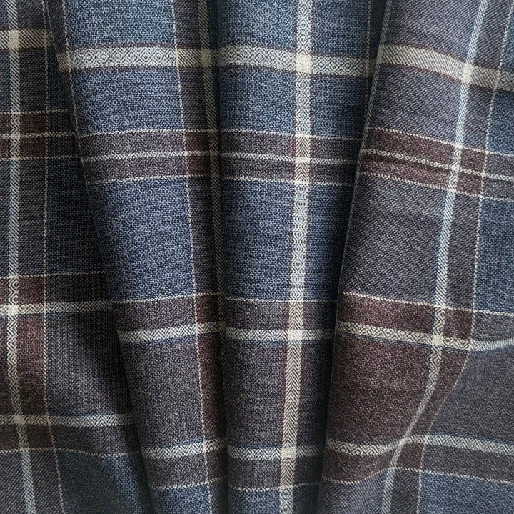 High-End Denim & Mahogany Plaid Geometric Weave Brushed Cotton Flannel (Made in Italy)