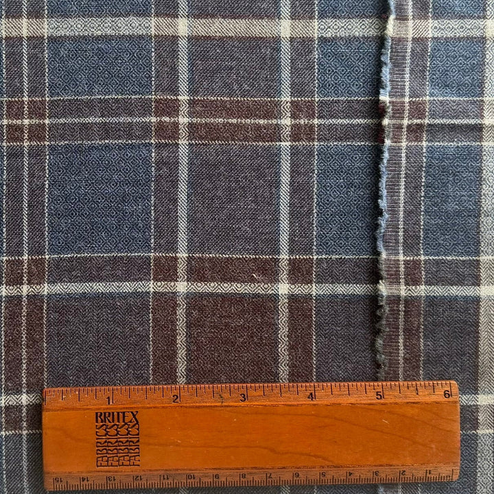 High-End Denim & Mahogany Plaid Geometric Weave Brushed Cotton Flannel (Made in Italy)
