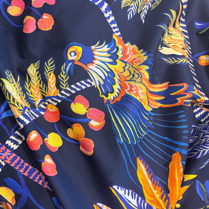 Tropical Birds & Cherries Stretch Cotton Poplin (Made in Italy)