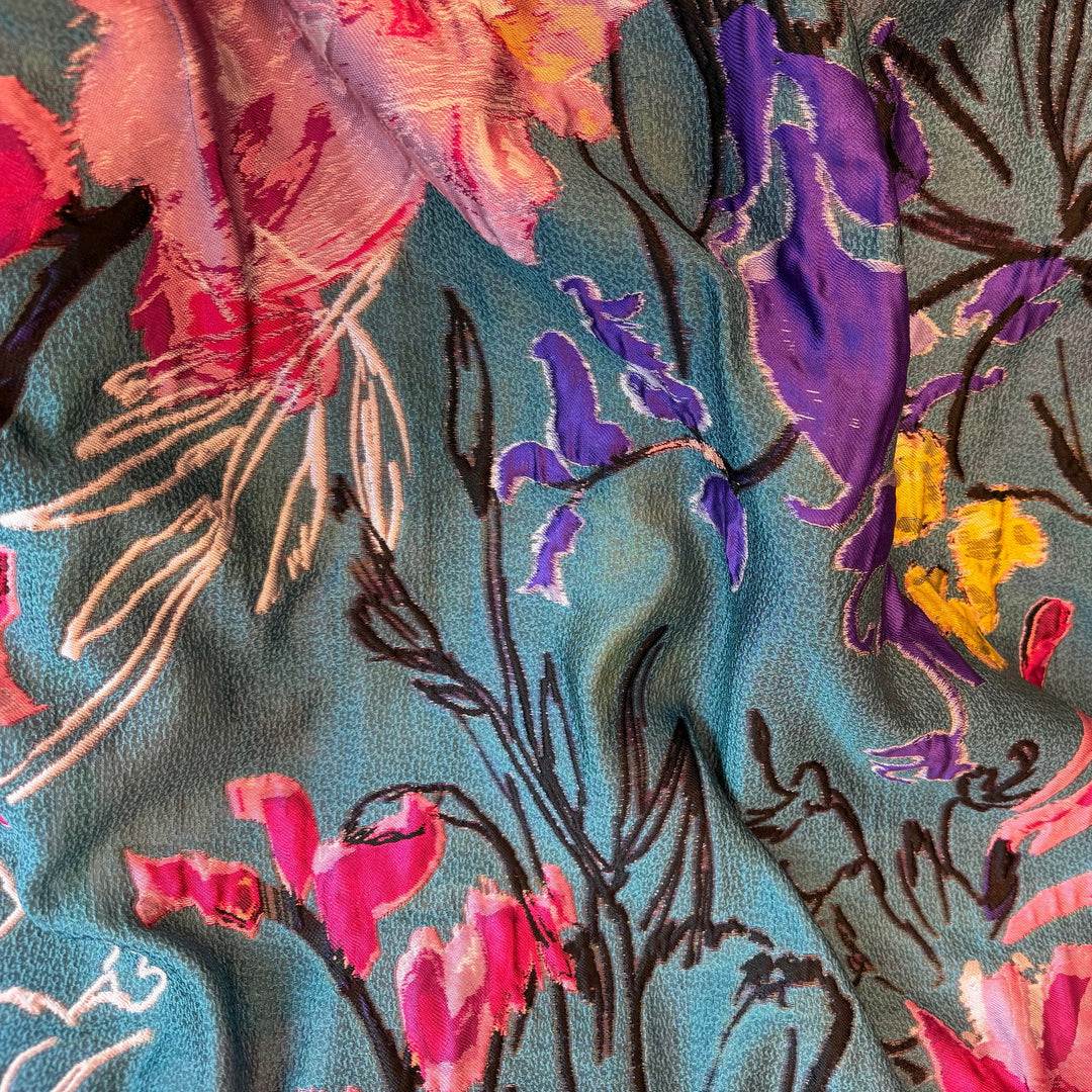Fantastical Flowers on Teal Mist Polyester Brocade (Made in Italy)