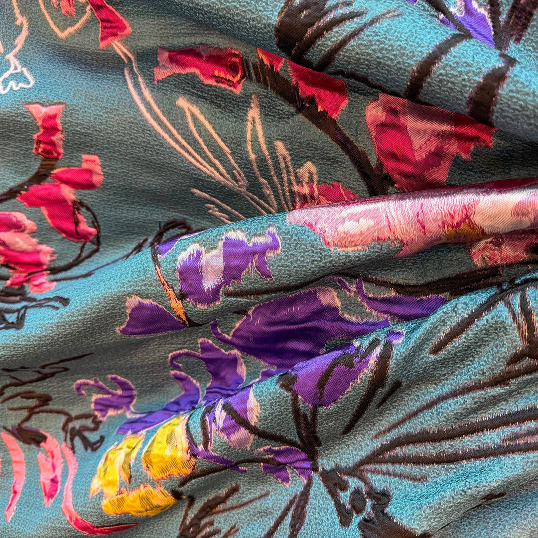 Fantastical Flowers on Teal Mist Polyester Brocade (Made in Italy)