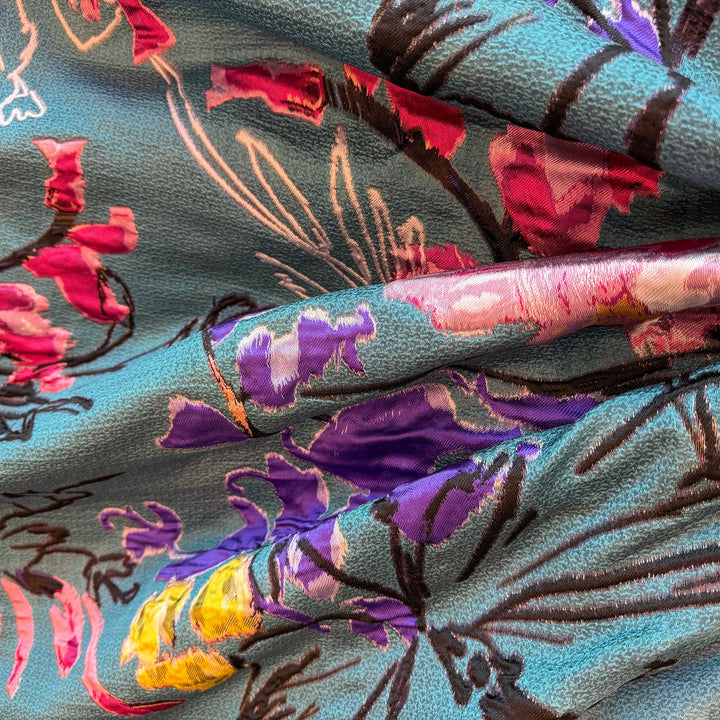 Fantastical Flowers on Teal Mist Polyester Brocade (Made in Italy)