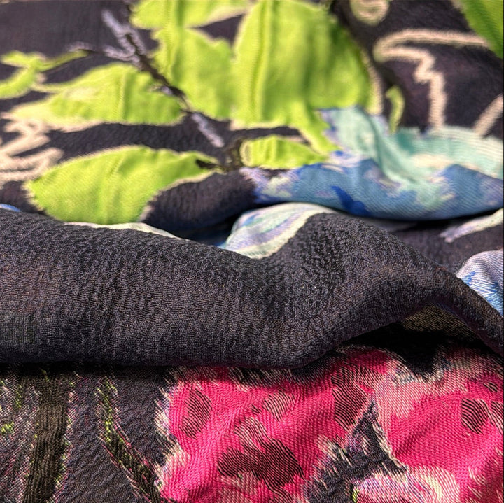 Sophisticated Tousled Orchids on Deep Midnight Navy Polyester Brocade (Made in Italy)