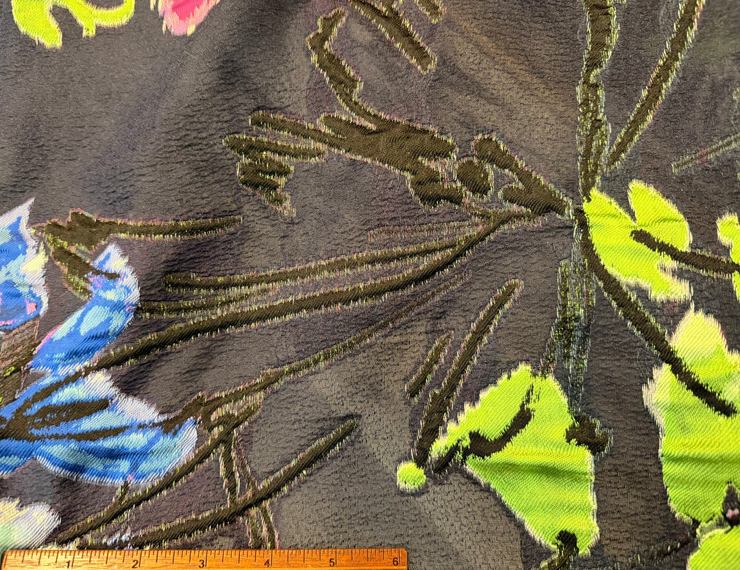 Sophisticated Tousled Orchids on Deep Midnight Navy Polyester Brocade (Made in Italy)