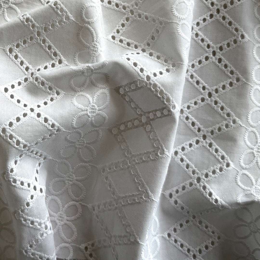 Floral & Diamond Rows Embroidered Cotton Eyelet Lawn (Made in Italy)