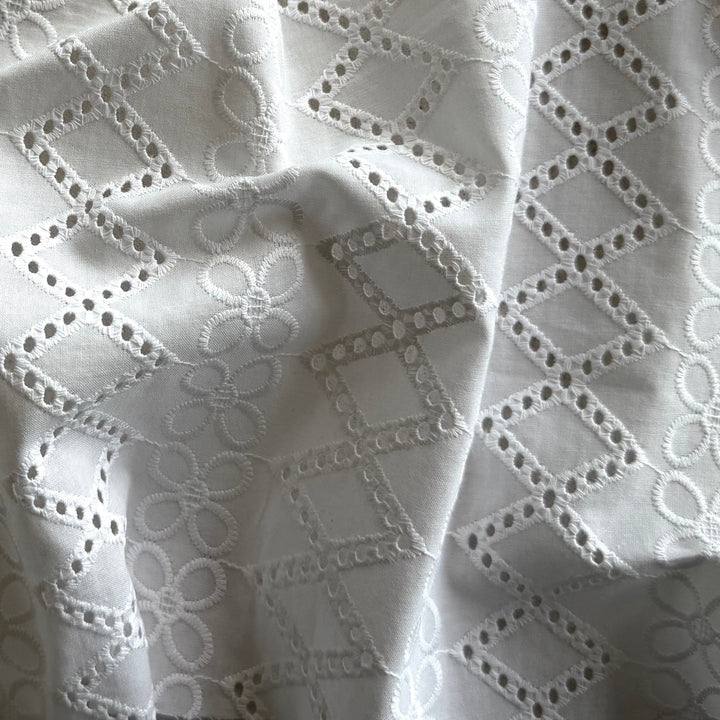 Floral & Diamond Rows Embroidered Cotton Eyelet Lawn (Made in Italy)
