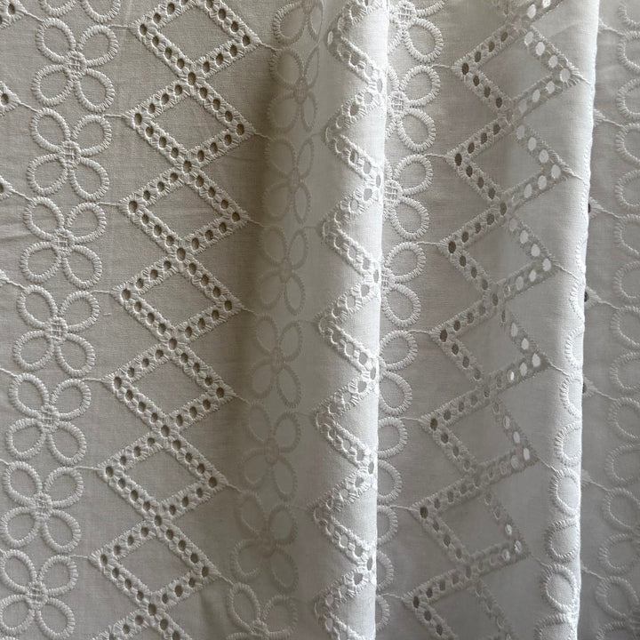 Floral & Diamond Rows Embroidered Cotton Eyelet Lawn (Made in Italy)