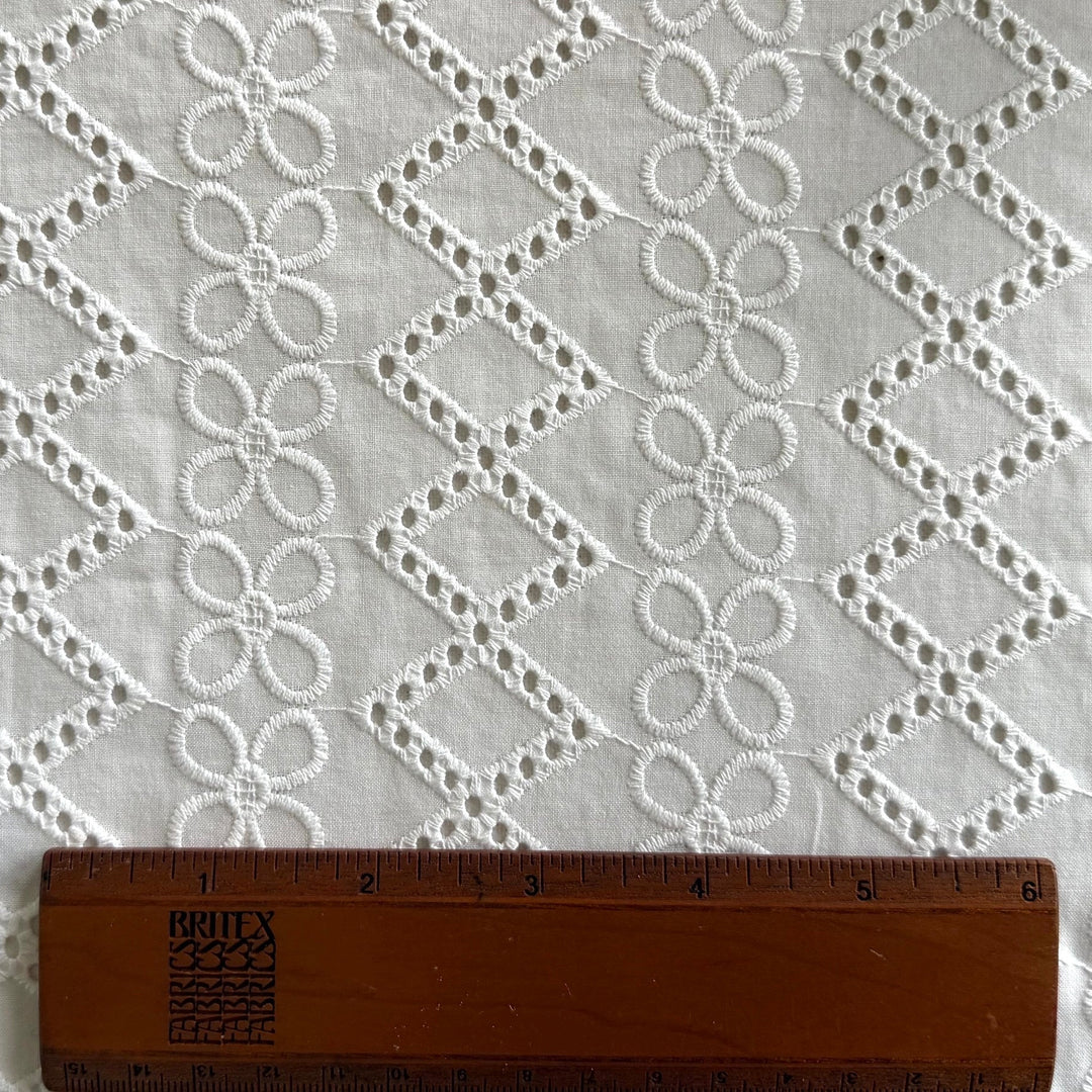 Floral & Diamond Rows Embroidered Cotton Eyelet Lawn (Made in Italy)
