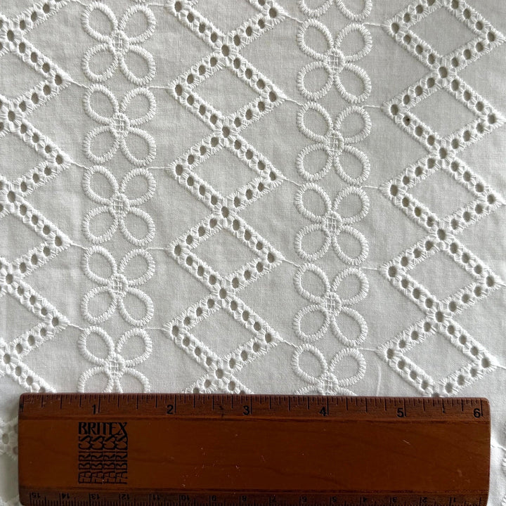 Floral & Diamond Rows Embroidered Cotton Eyelet Lawn (Made in Italy)